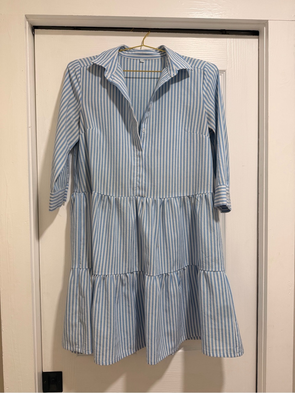 Blue and White Striped Tiered Shirt Dress